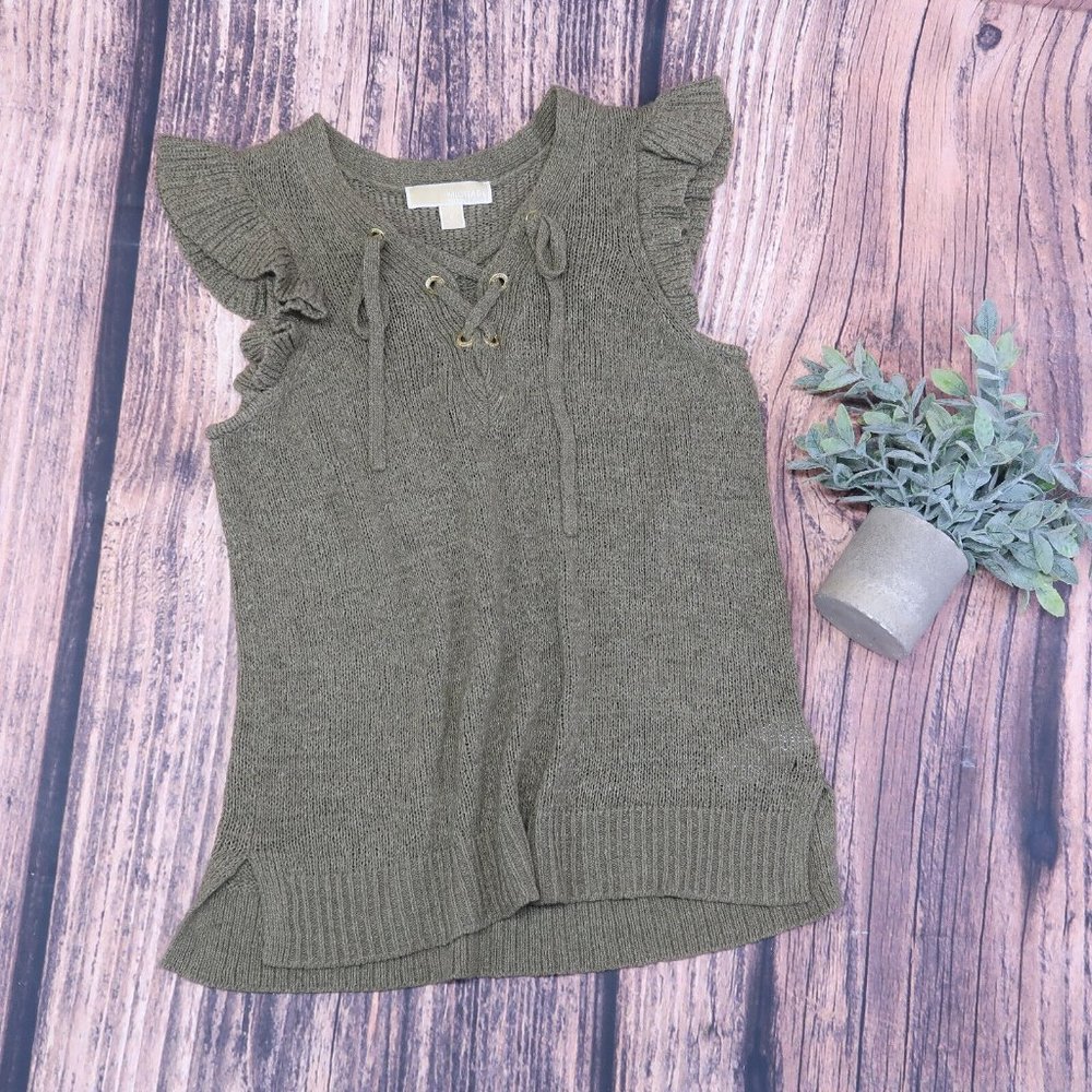 Michael Kors Women's Sleeveless Ruffle Safari Green Sweater Size Medium